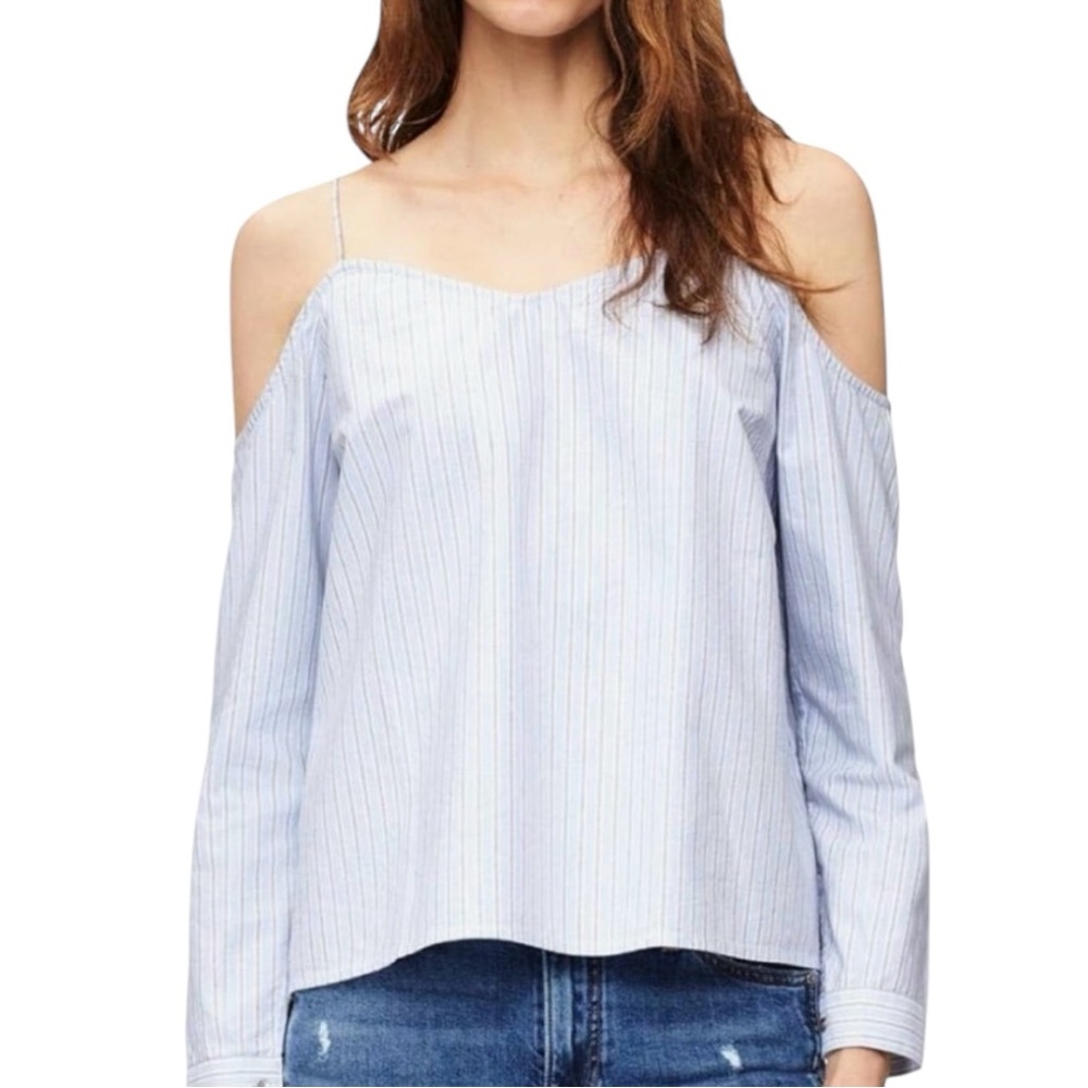 Calvin Klein Jeans Blue and White Striped Cold Shoulder Top